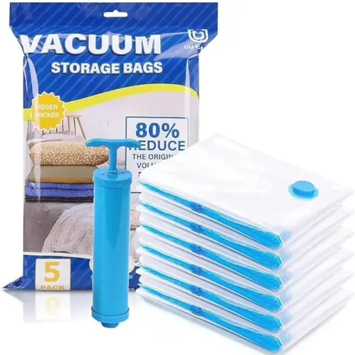 5 Pcs Vacuum Bags for Travel with Hand Pump, Airtight, Reusable Space Saver Storage Bags for Packing, Sealer Bags with Ziplock for Cloths, Blanket(2 Small, 2 Medium & 1 Large), Transparent